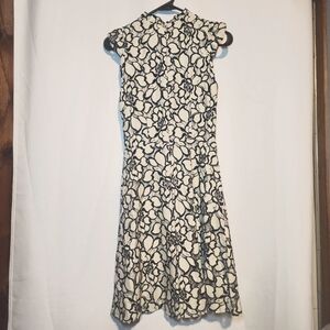 H&M Womens Cream Black Embroidered Floral Midi Fit & Flare Dress Ruffle Sz 2 (G)